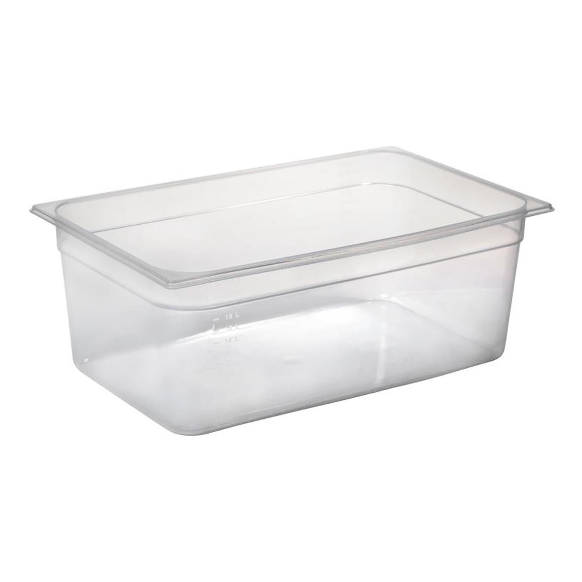 Klar plastkanna med lock, mått 530x325x200mm, volym 27L, för matförvaring