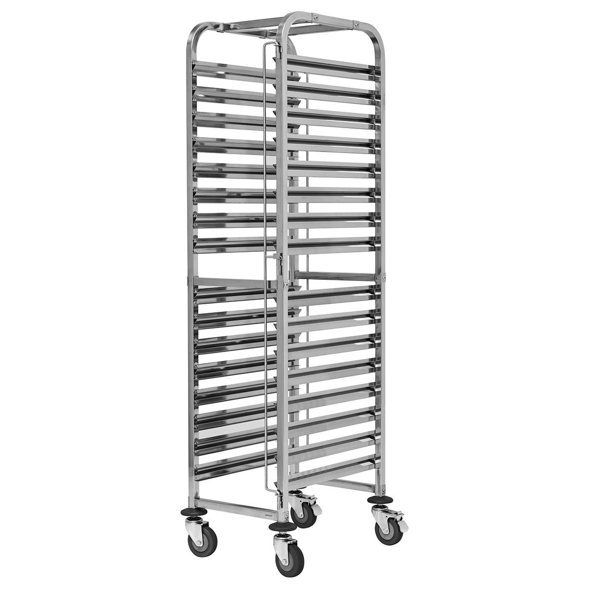 Rostfri kantinvagn med 16 galler och hjul, mått 550x380x1700mm