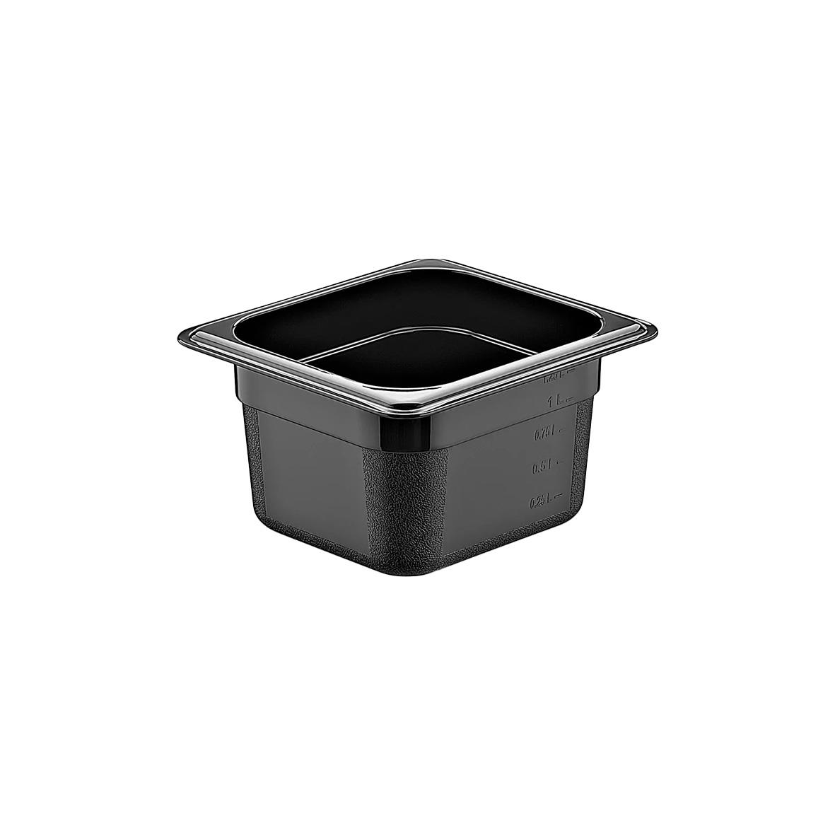 Svart kantinlåda i plast med hög kant och lock