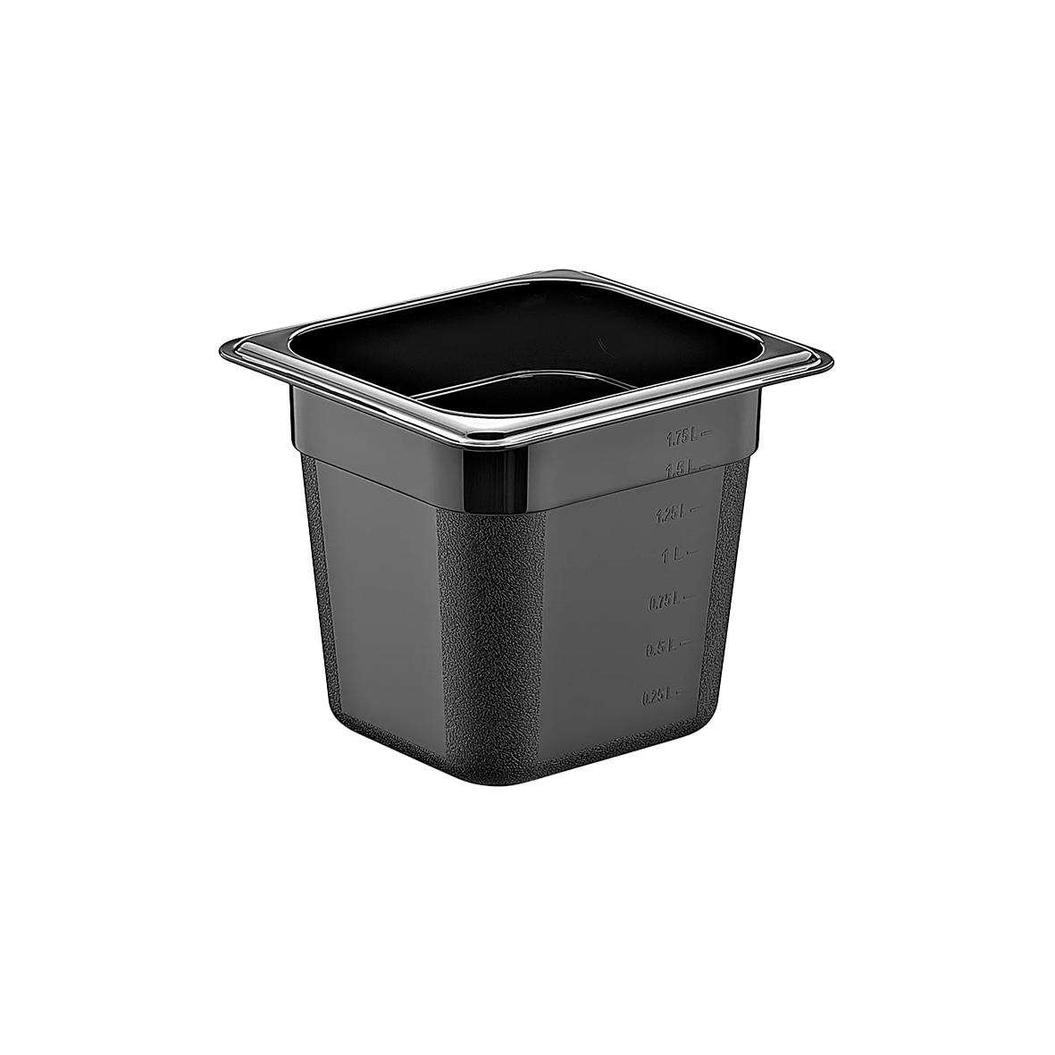 Svart kantinbehållare i plast med måttmarkeringar och lock