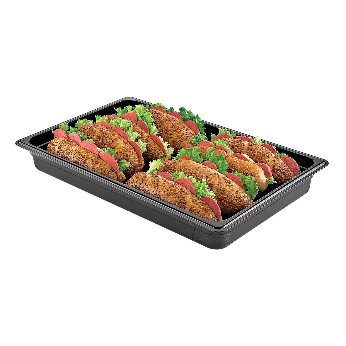 Svart PP-kantin GN 1/1-65 med fyllda tacos