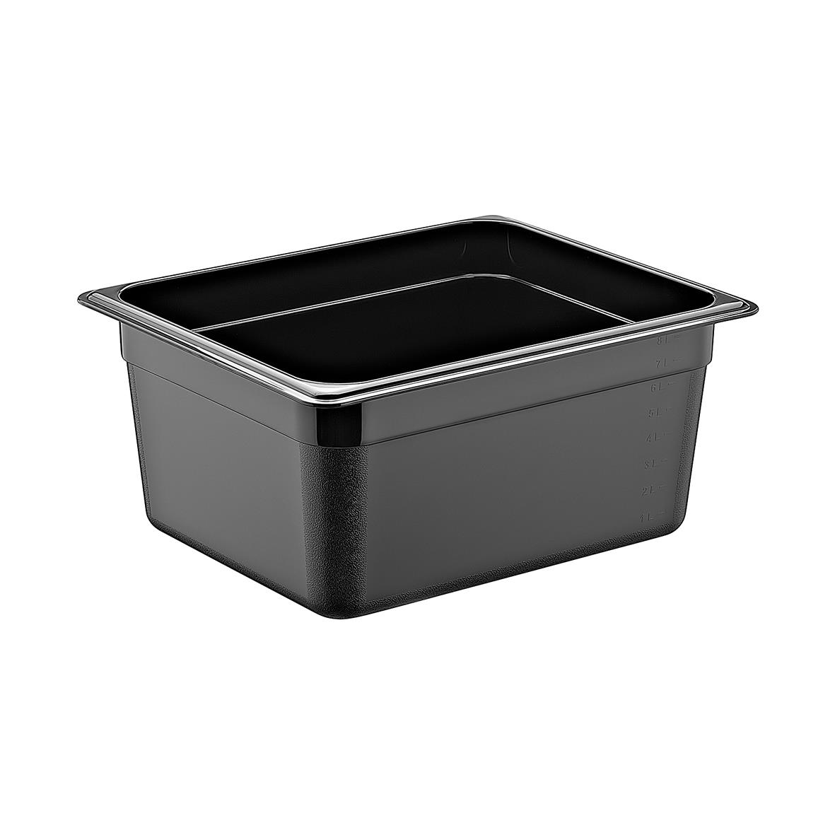Svart kantin i PP, GN 1/2-150, sedd från sidan