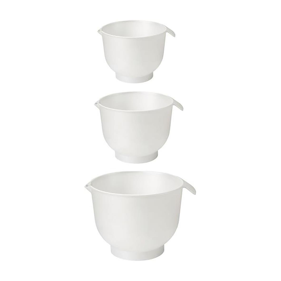 Tre vita plastbunkar i olika storlekar 1,5L, 2L och 3L