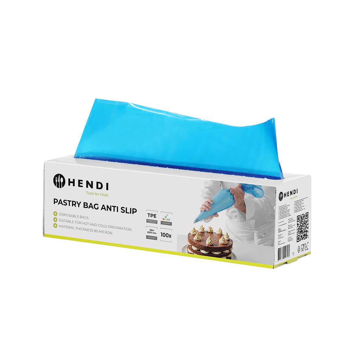 Blå bakplåtspapper i förpackning med Hendi-märke och bild av en hand som använder en spritspåse