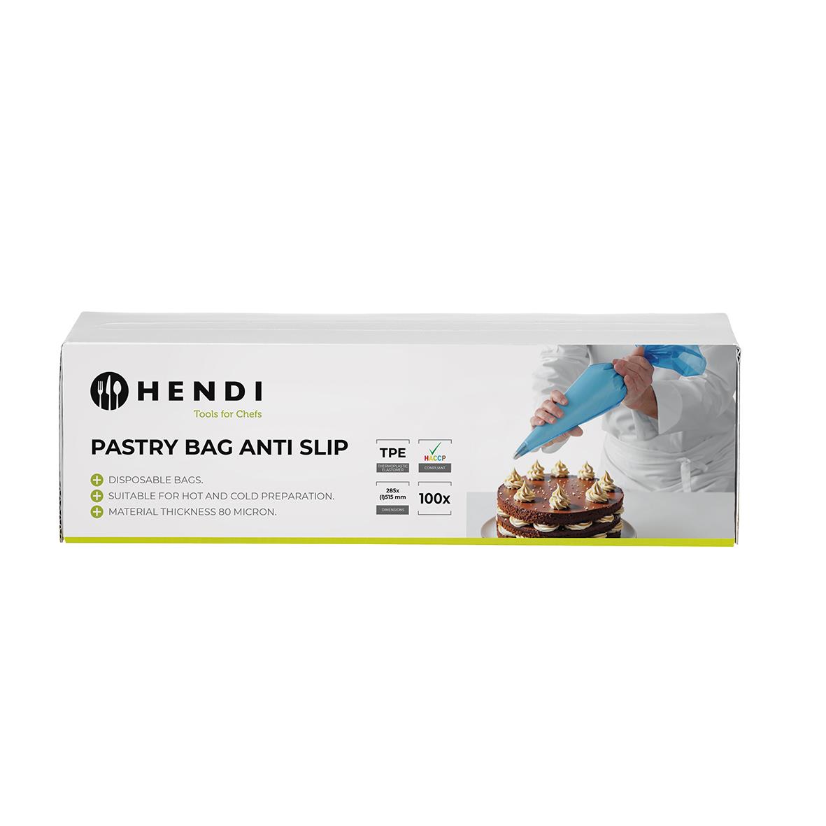 Förpackning av Hendi bakningspåsar för att förhindra att degen fastnar, med bild av en person som dekorerar en tårta