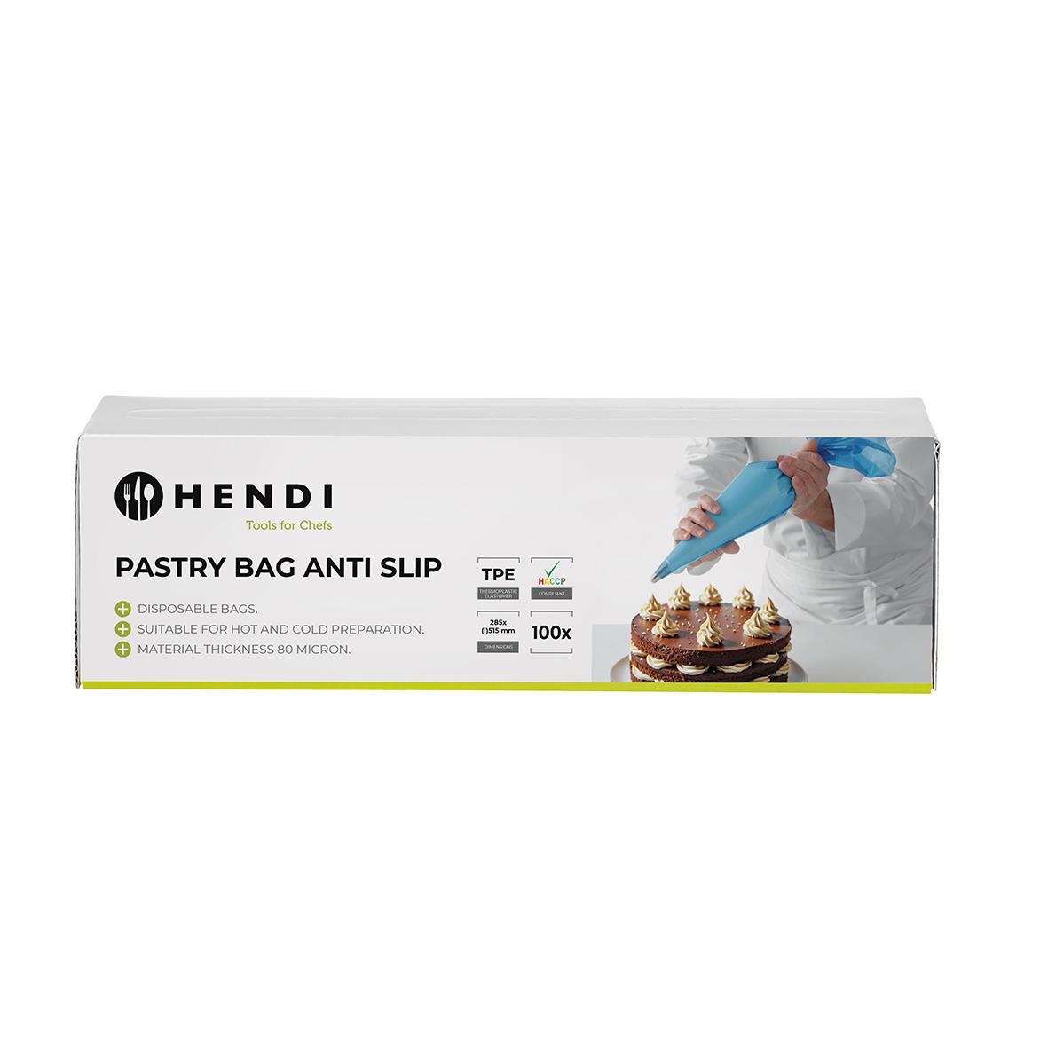 Förpackning av Hendi bakningspåsar för att förhindra att degen fastnar, med bild av en person som dekorerar en tårta