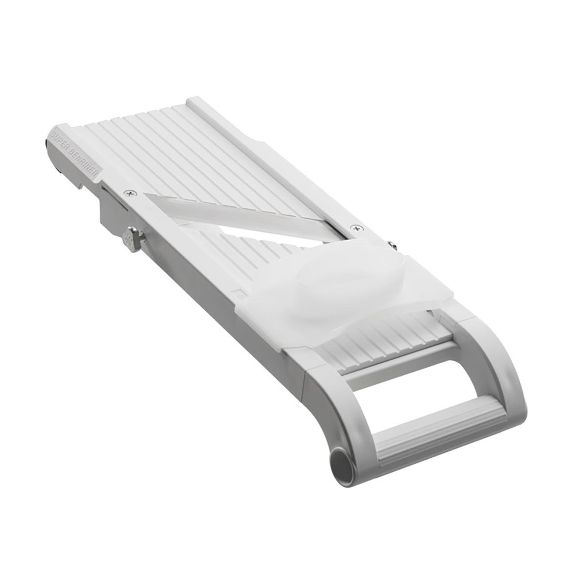 Vit mandolin för skivning, 9,5 cm bred, med handtag och skärblad