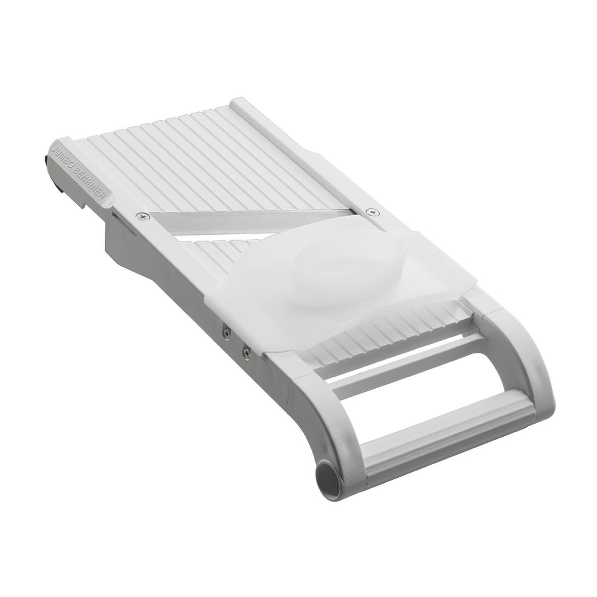 Vit mandolin av plast med 12 cm blad och handtag för skivning av grönsaker