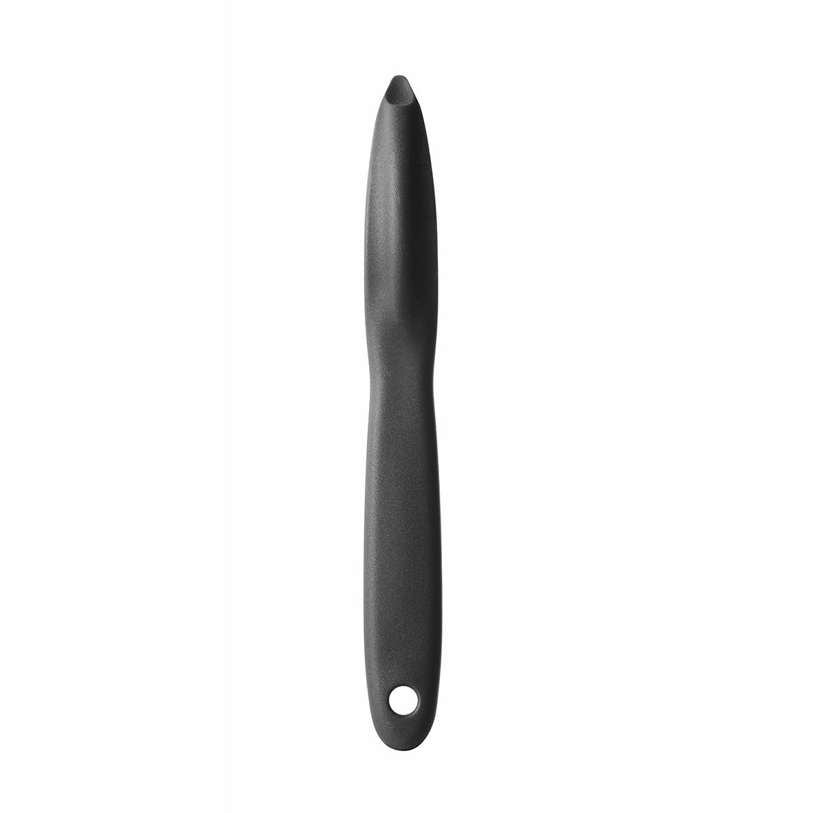 Svart kniv med ergonomiskt handtag och spetsig blad
