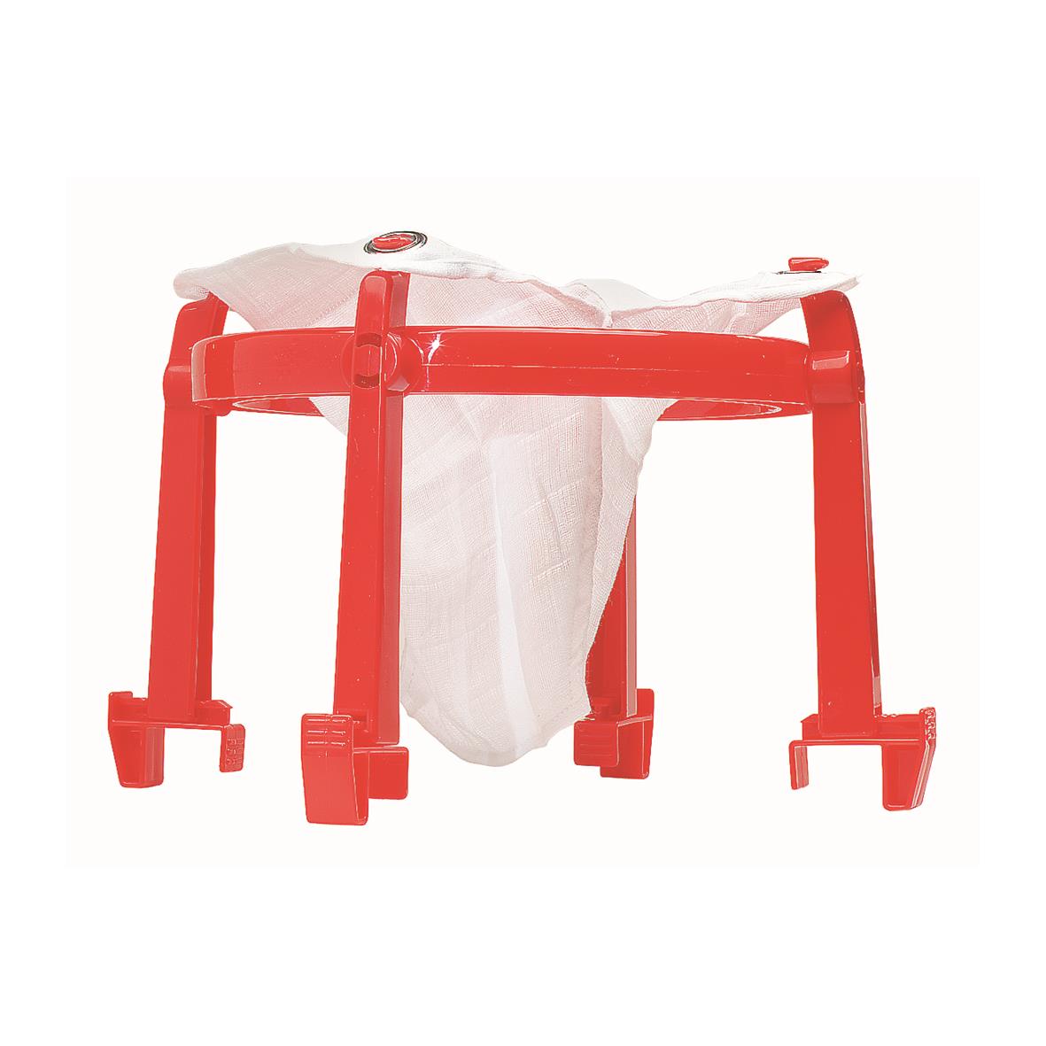 Röd saftsil med silduk och plastram för att sila saft