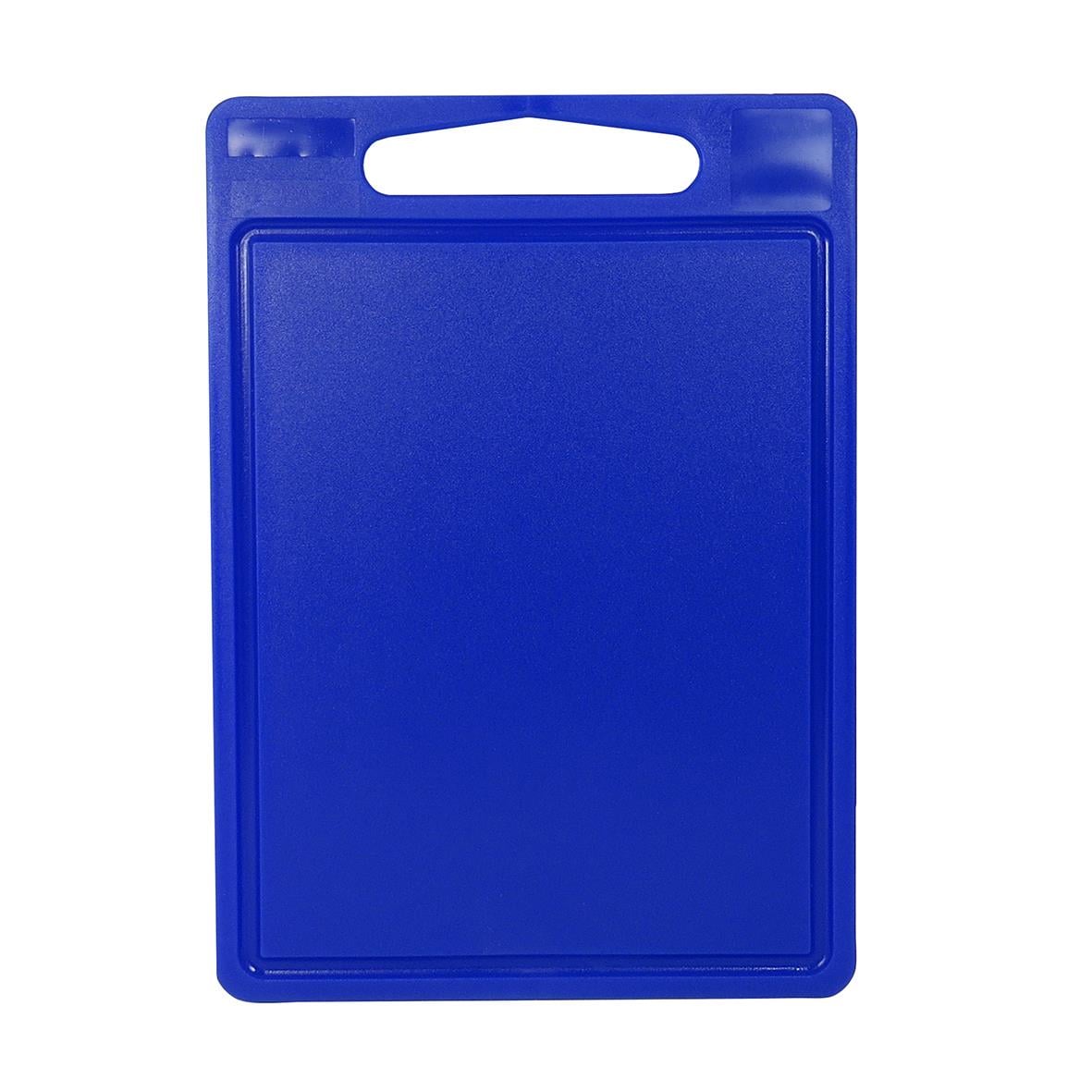 Blå skärbräda i plast med ränna, storlek 350x250x8mm