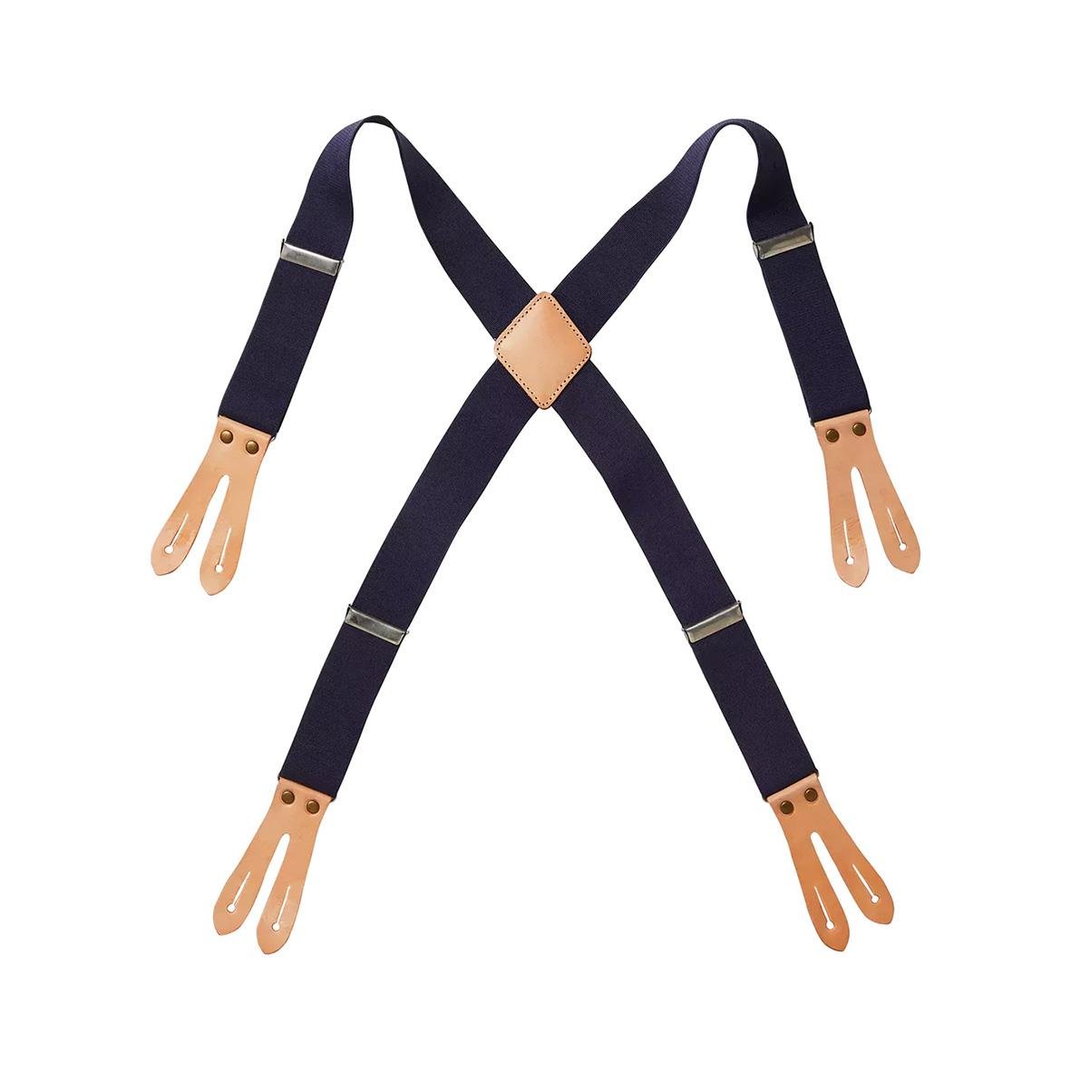 Marinfärgade resårhängslen med läderdetaljer och justerbara metallklämmor