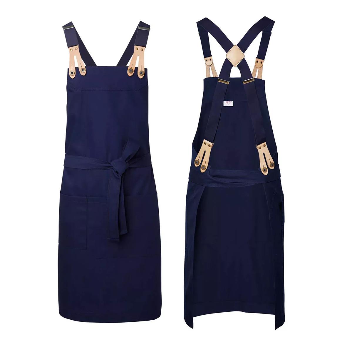 Marinblått bröstlappsförkläde med justerbara axelband och midjeband, mått 75x90 cm