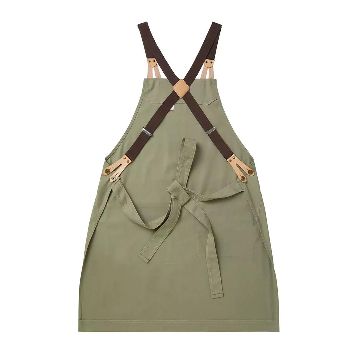 Segers bröstlappsförkläde i khakigrön med justerbara axelband och midjeband, mått 75x90 cm