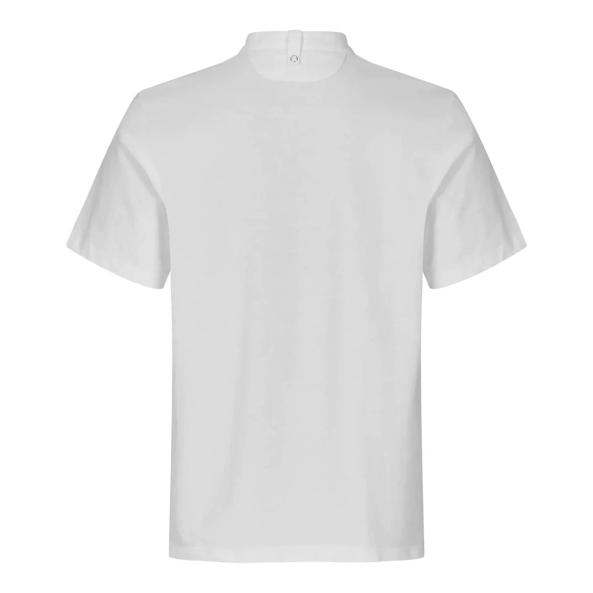 Vit unisex kockpiké med hög krage och korta ärmar, storlek XXS