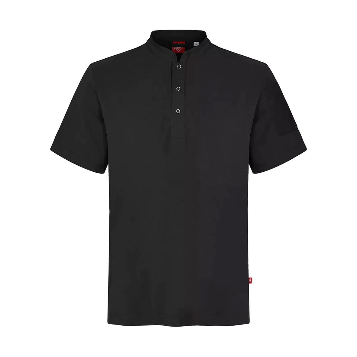 Svart unisex kockpiké i storlek XXS med knappar framtill och korta ärmar