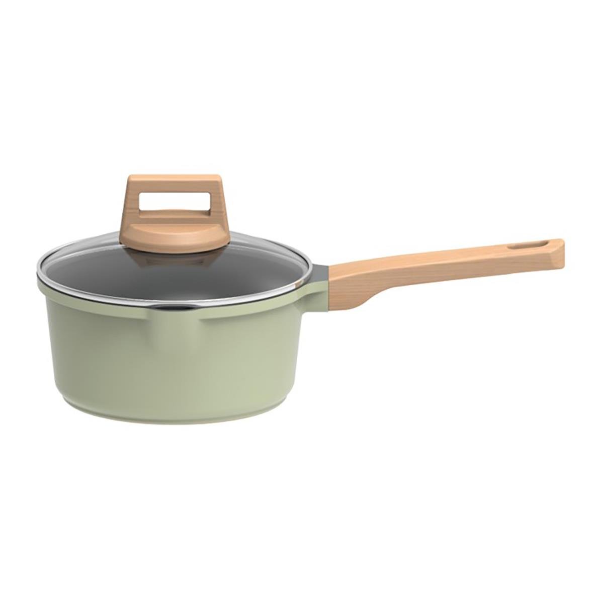 Grön kastrull med glaslock och trähandtag, 1,8 L