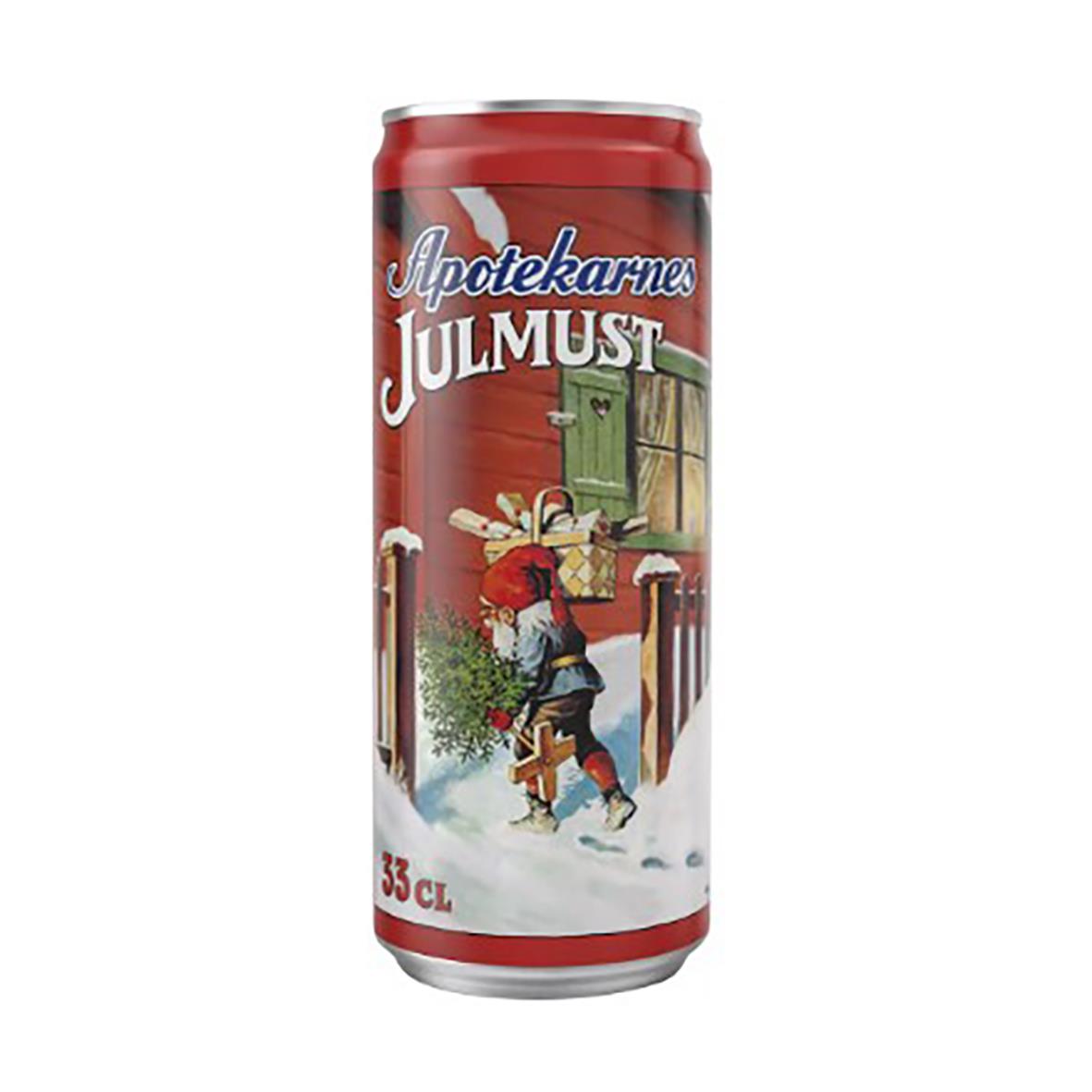 Läsk Apotekarnes Julmust burk 33cl med pant, julig vinterbild med snö och tomte