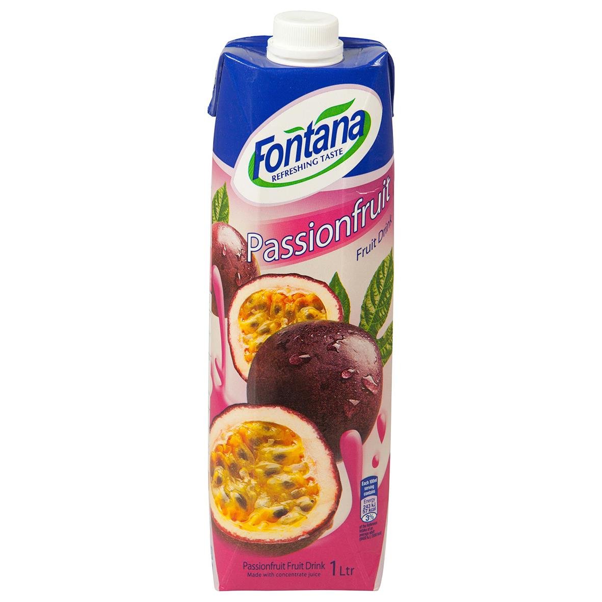 Fontana passionsfruktjuice i 1-liters förpackning med blå, rosa och gröna etiketter