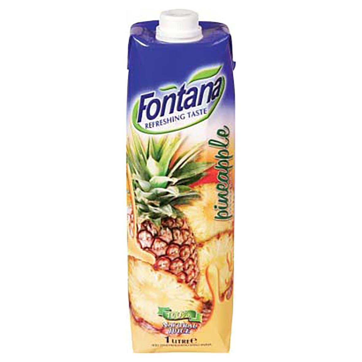 Fontana Ananas juice 1L i förpackning med bild av ananas och ananasbitar