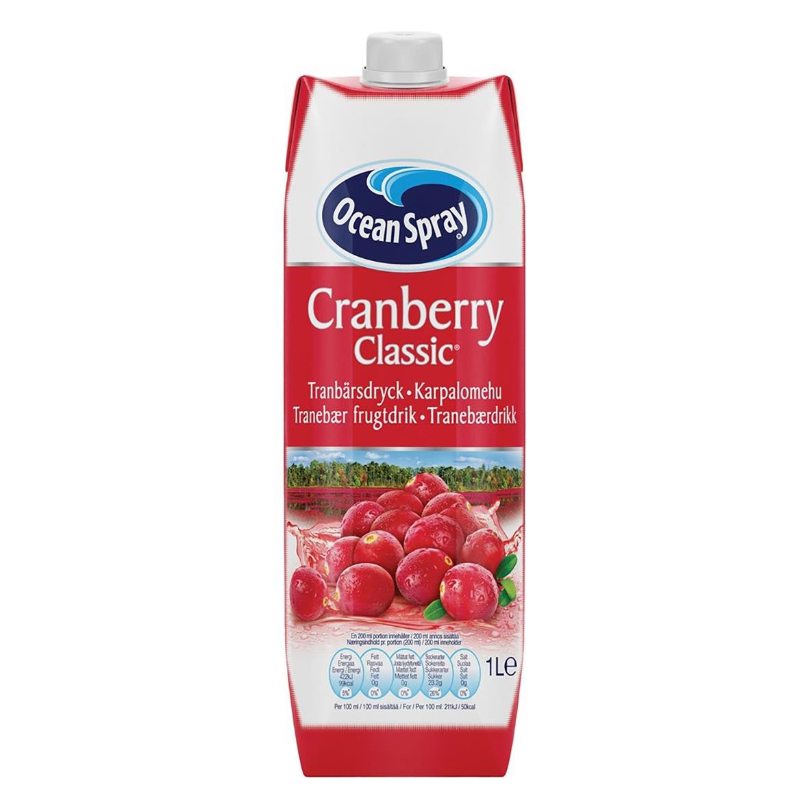 Ocean Spray tranbärsjuice i 1L förpackning med bild av tranbär