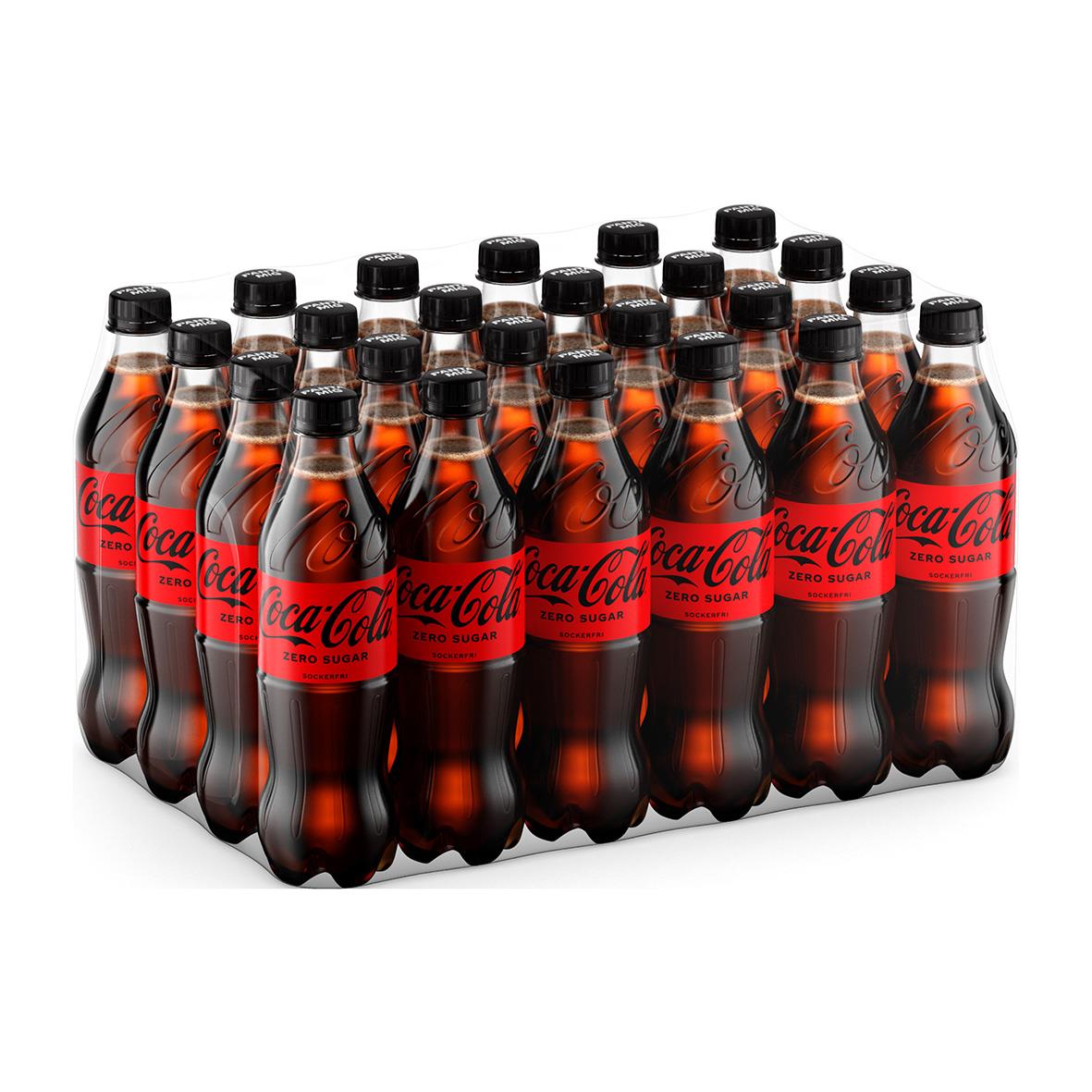 Läsk Coca-Cola Zero PET 50cl med svart lock och röd etikett