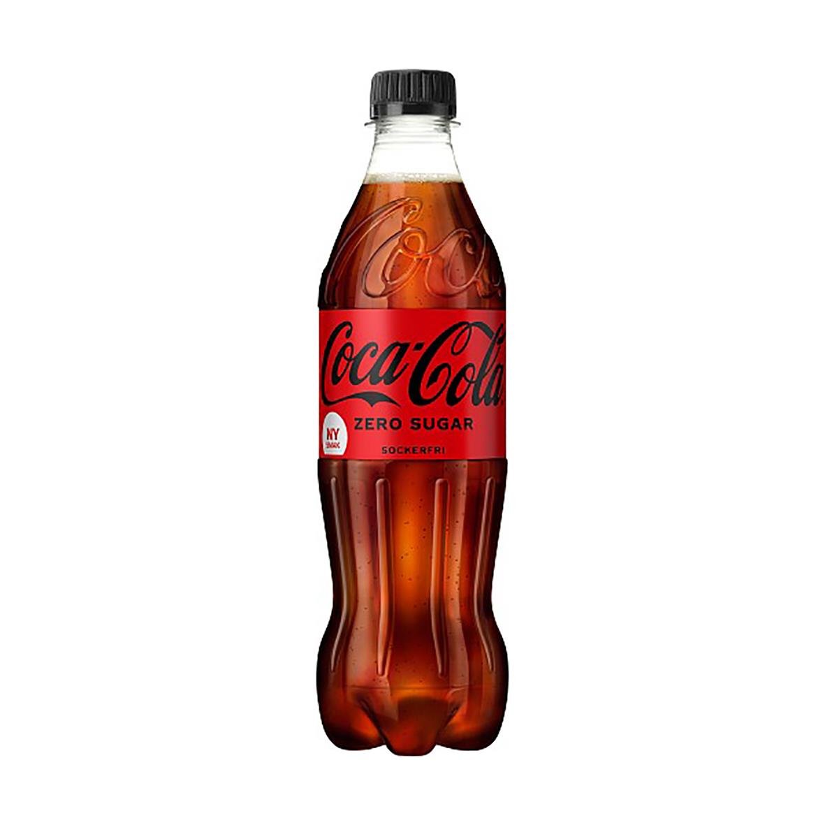 Läsk Coca-Cola Zero PET 50cl med svart lock och röd etikett