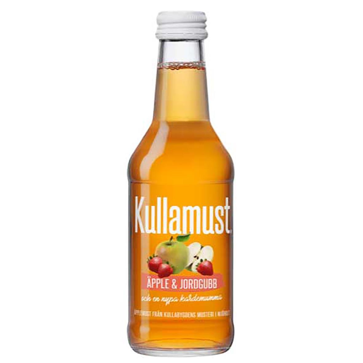 Kullamust äpple och jordgubb dryck i liten glasflaska