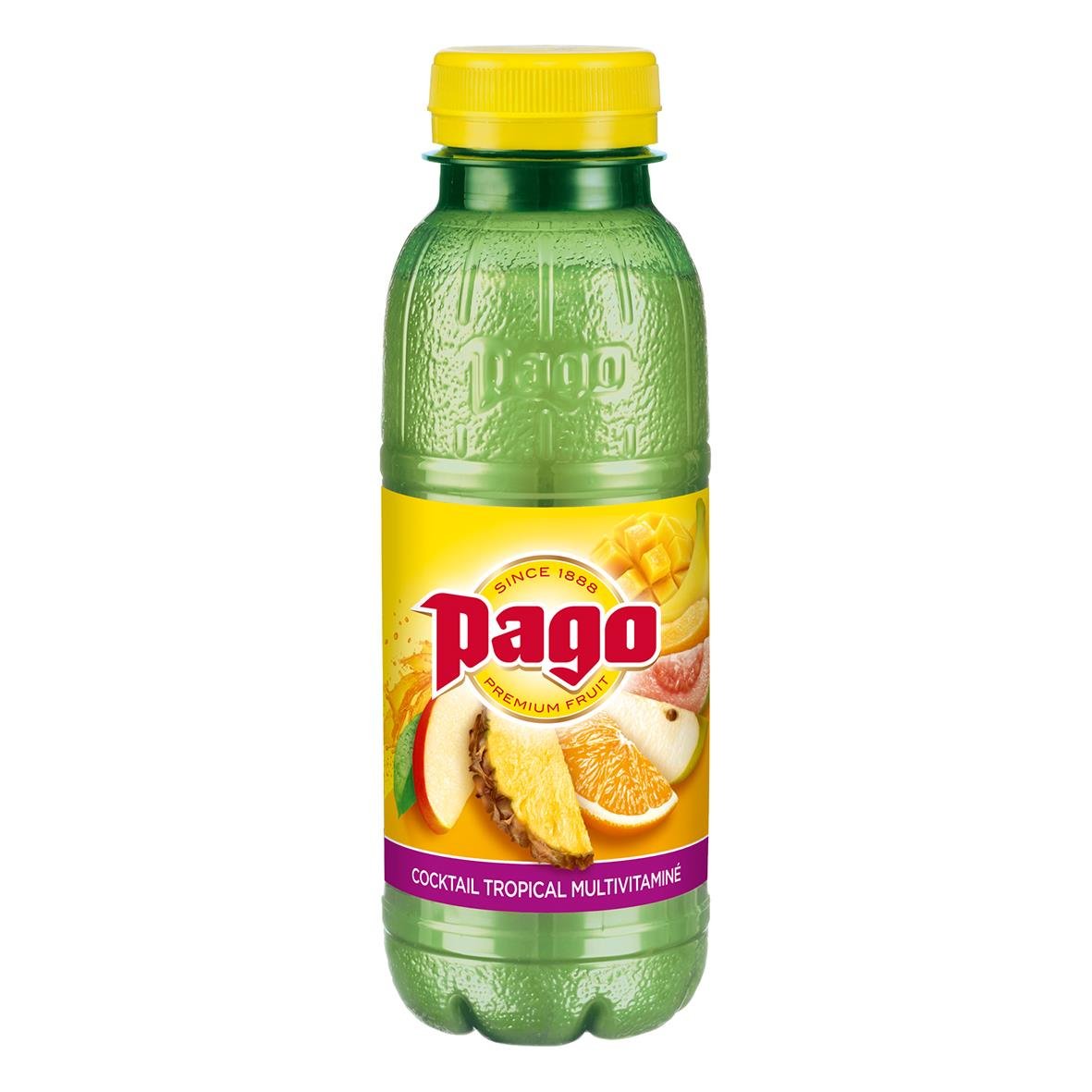 Juice Pago Tropisk Multivitamin 33cl i grön flaska med gul kork och fruktmotiv på etiketten