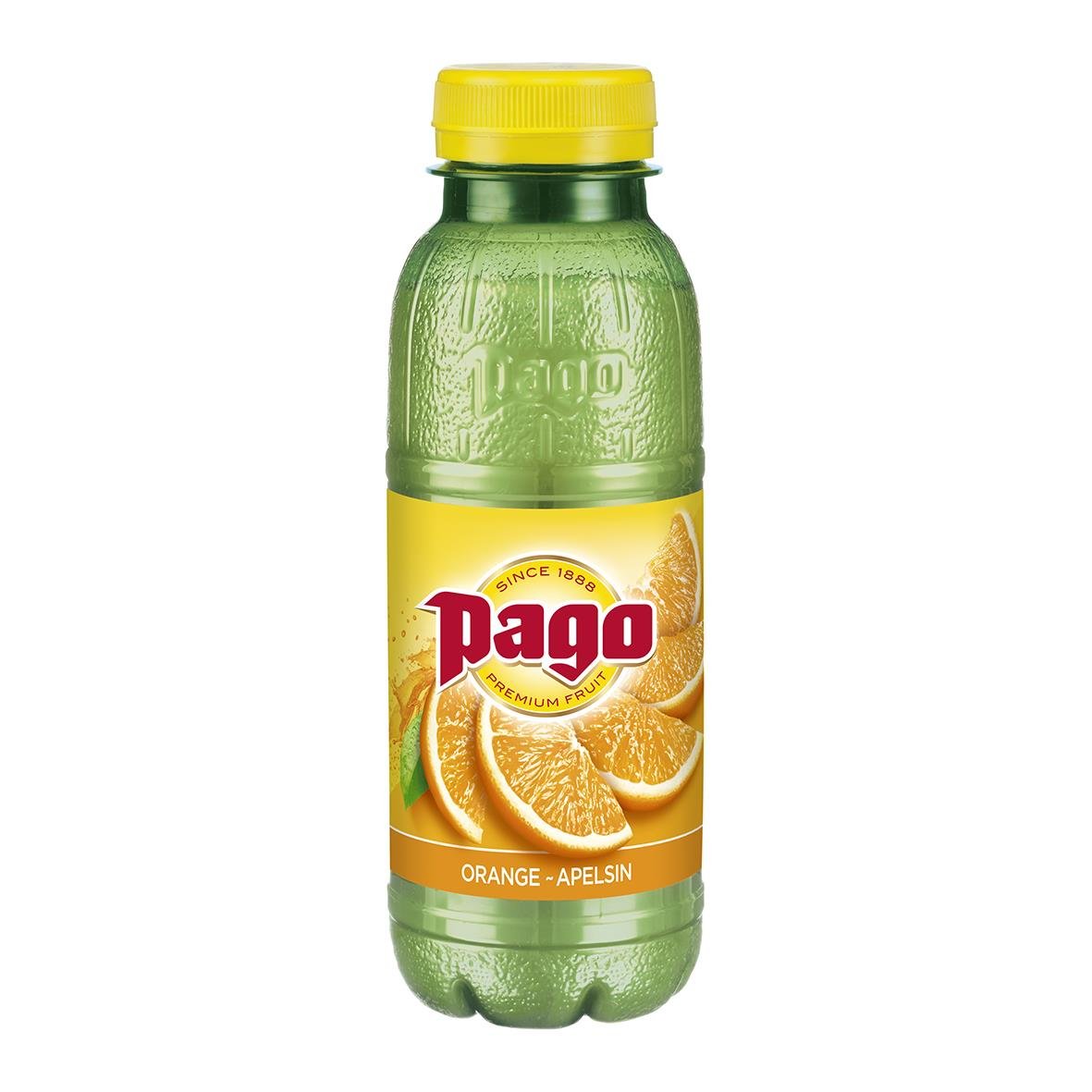 Juice Pago Apelsin Nektar 33cl med gul kork och etikett med apelsiner
