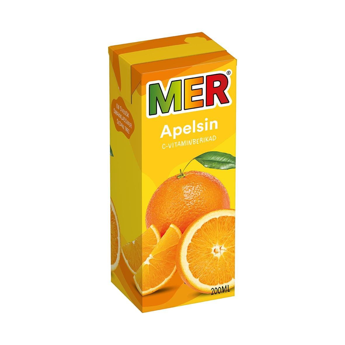 Förpackning av MER apelsindryck 20cl med apelsinbilder och orange färg