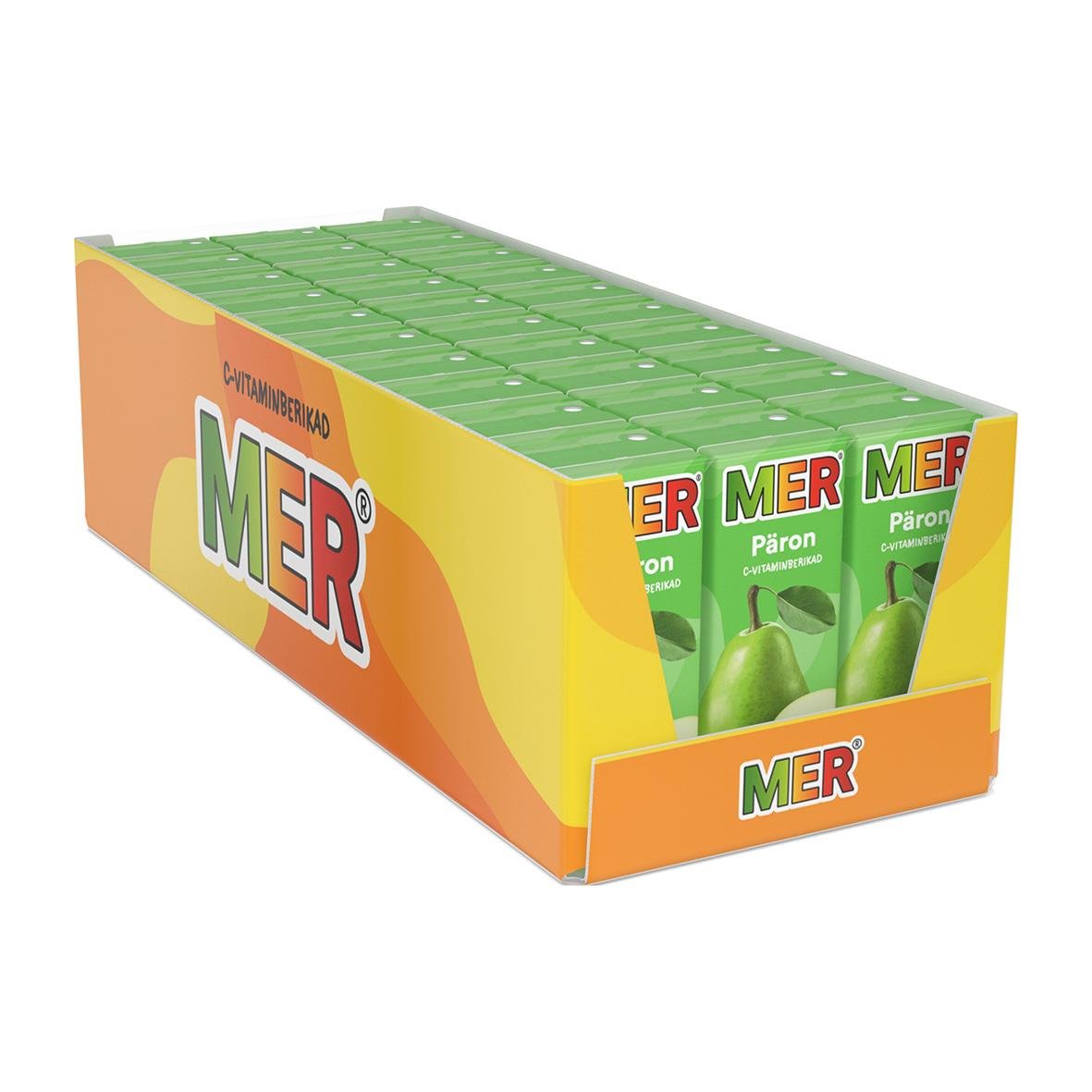 Grön kartong med päronfruktdryck, text MER Päron, 20cl