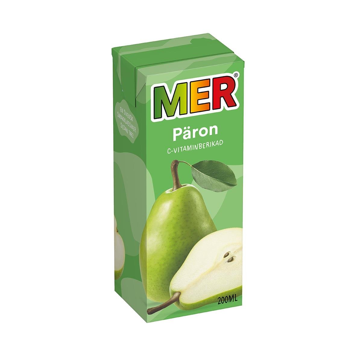 Grön förpackning av MER pärondryck 20cl med bild av päron