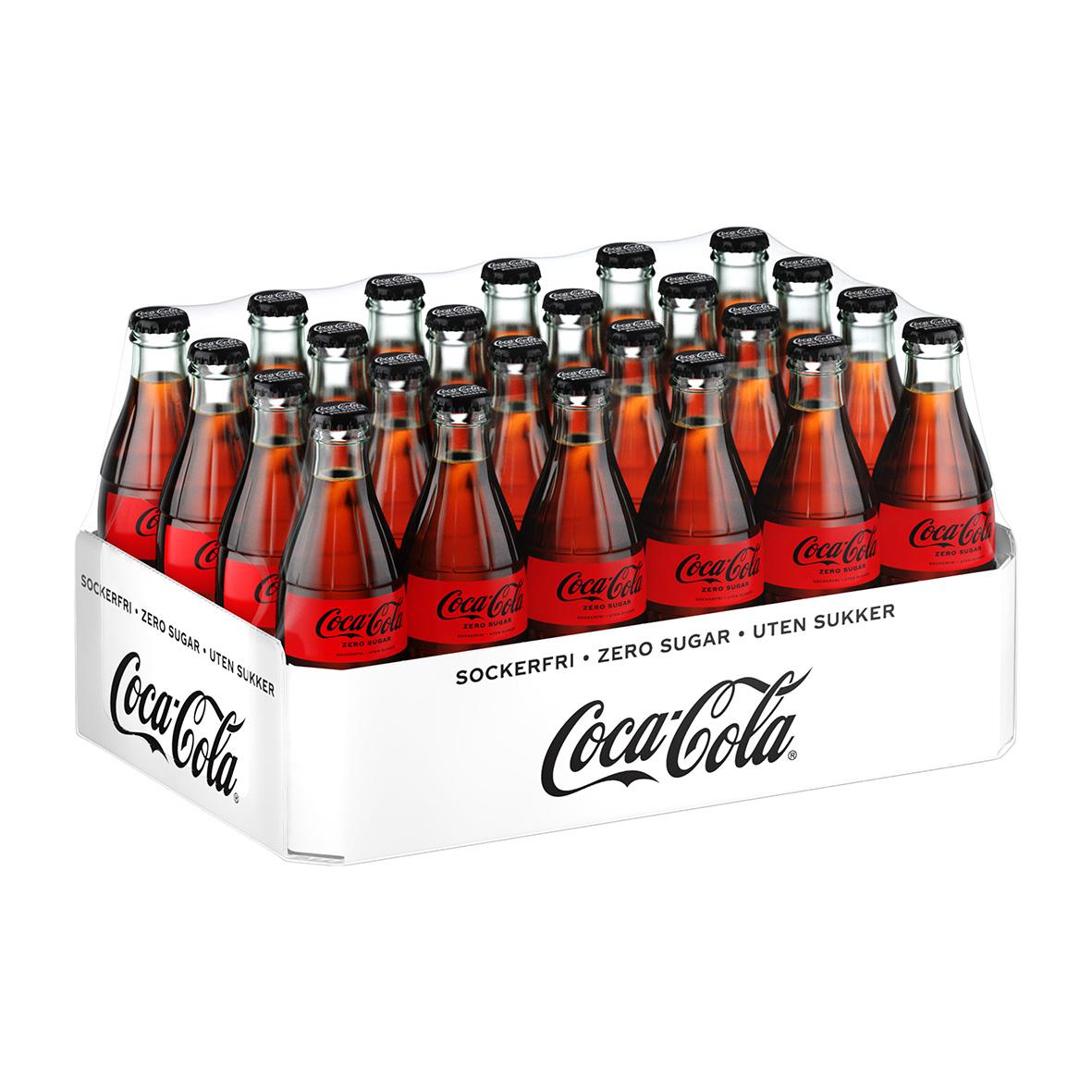 Coca-Cola Zero glasflaska 33cl med svart lock och etikett