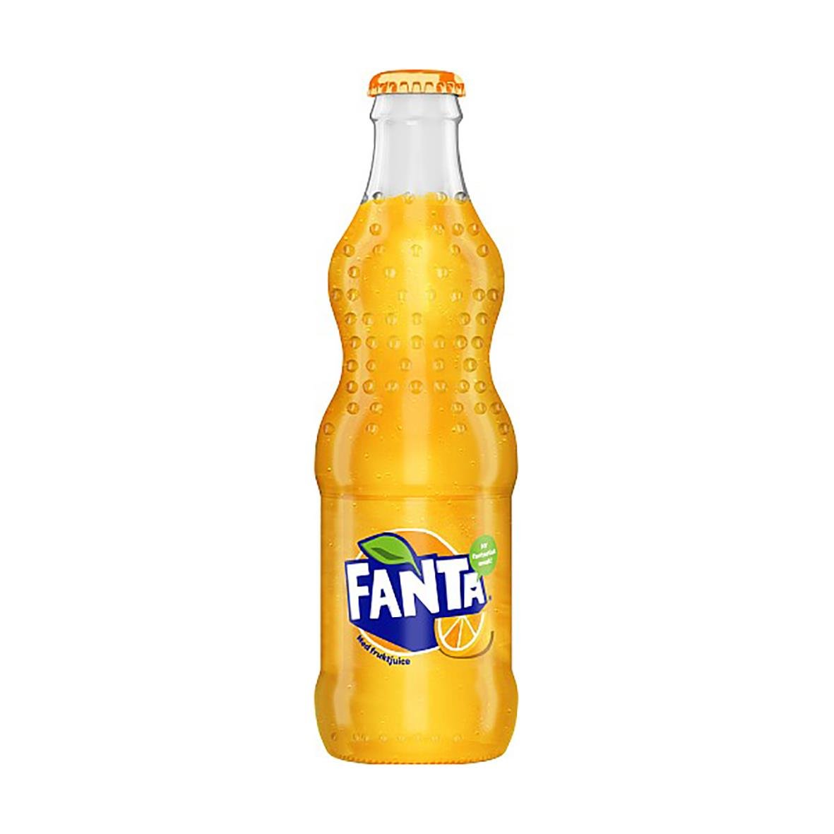 Fanta Orange glasflaska 33cl med droppar på ytan och etikett med apelsin och Fanta-logga