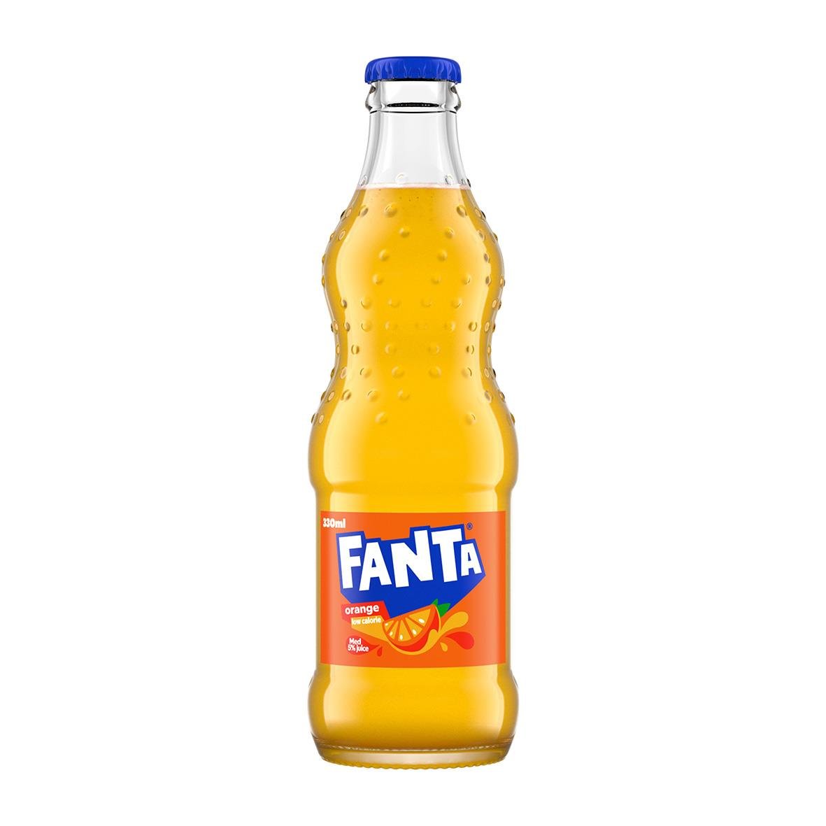 Fanta Orange glasflaska 33cl med orange dryck och blå kapsyl