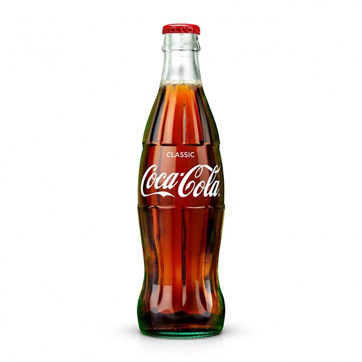 Coca-Cola glasflaska 33cl med röd kapsyl och klassiskt Coca-Cola märke