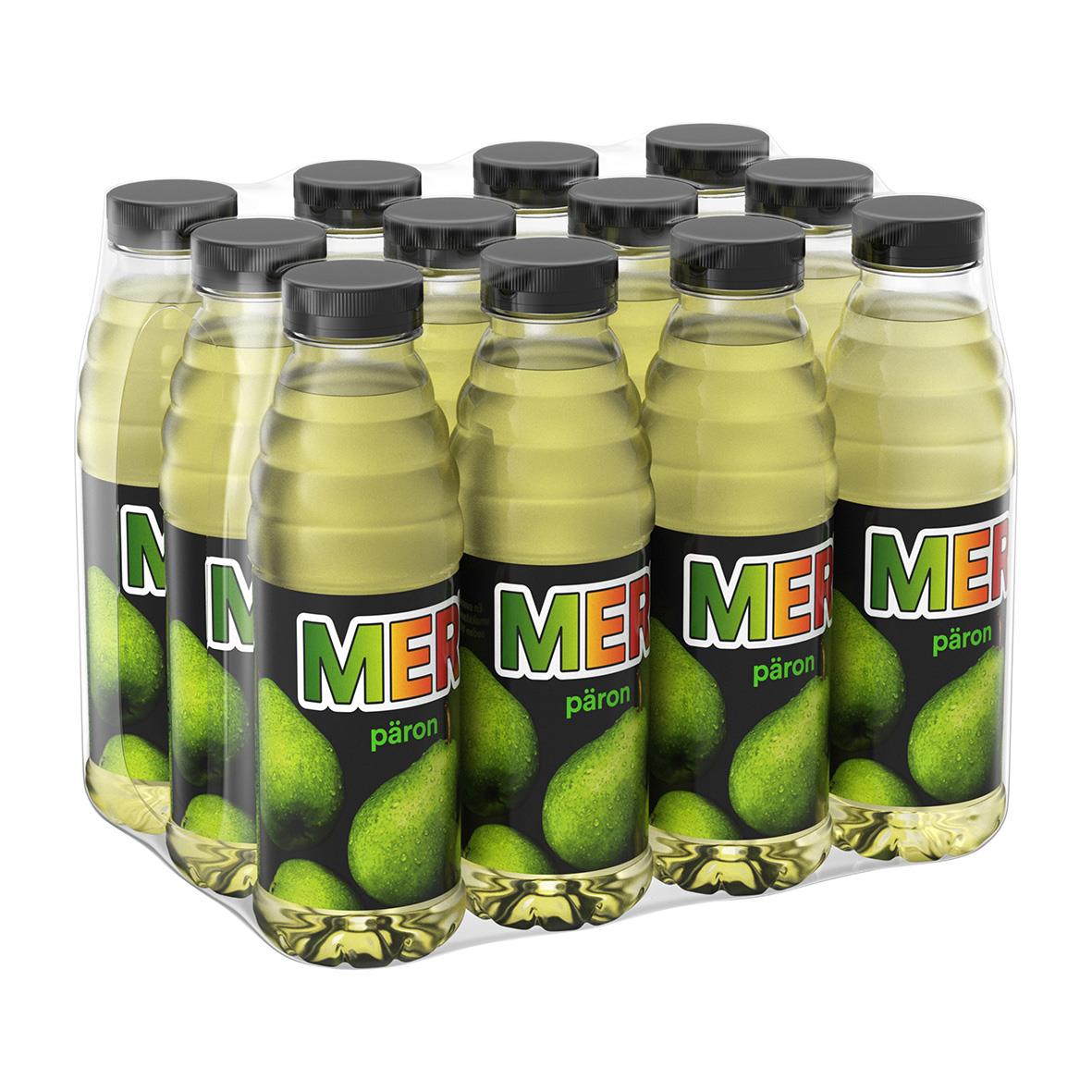 50cl flaska med pärondryck från Mer, PET-flaska med svart lock