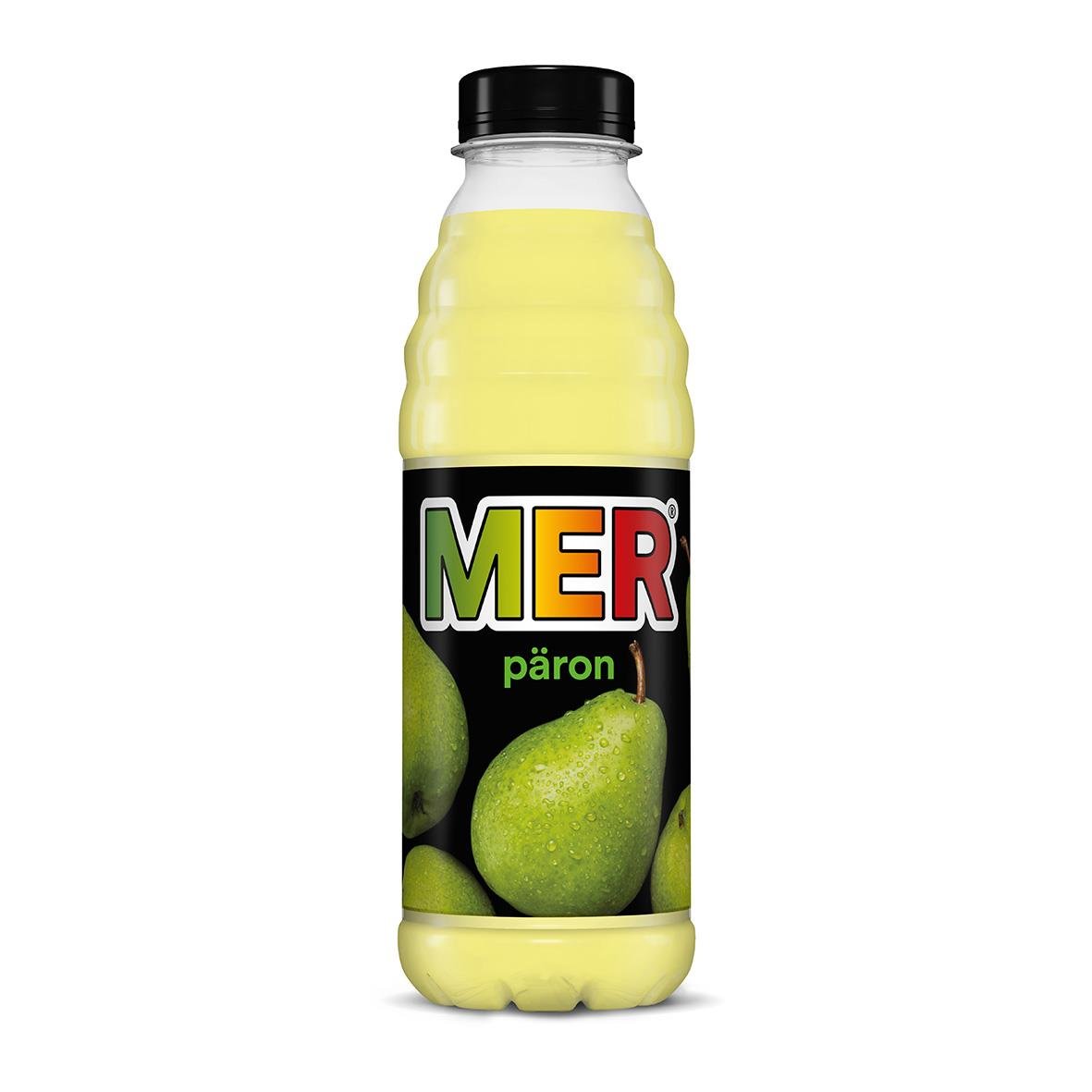 Fruktdryck med päronsmak i PET-flaska med svart lock och etikett
