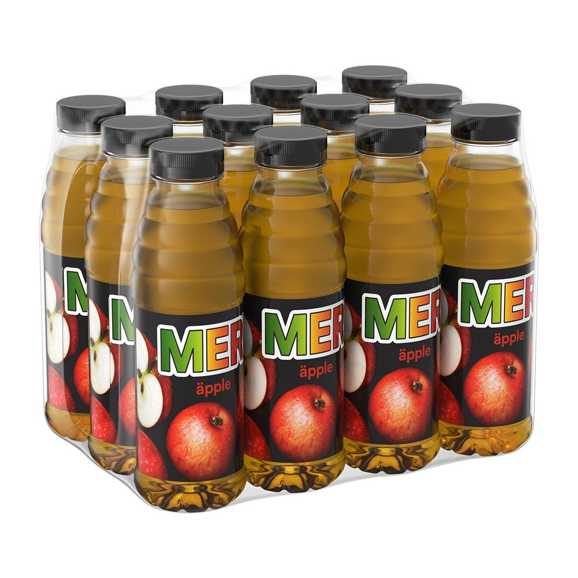 Äppeldryck i PET-flaska med svart lock och etikett med äpplen och text Mer