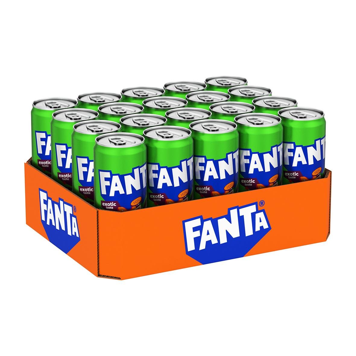 Läsk Fanta Exotic Burk 33cl inklusive pant i grön burk med fruktillustration