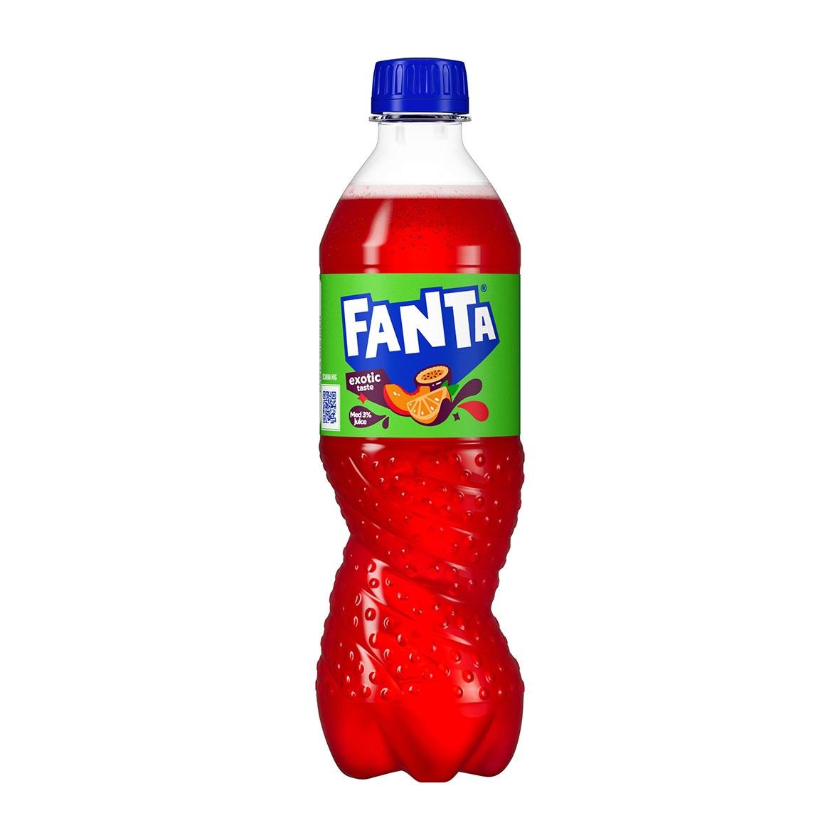 Fanta Exotic PET 50cl flaska med blått lock och röd dryck