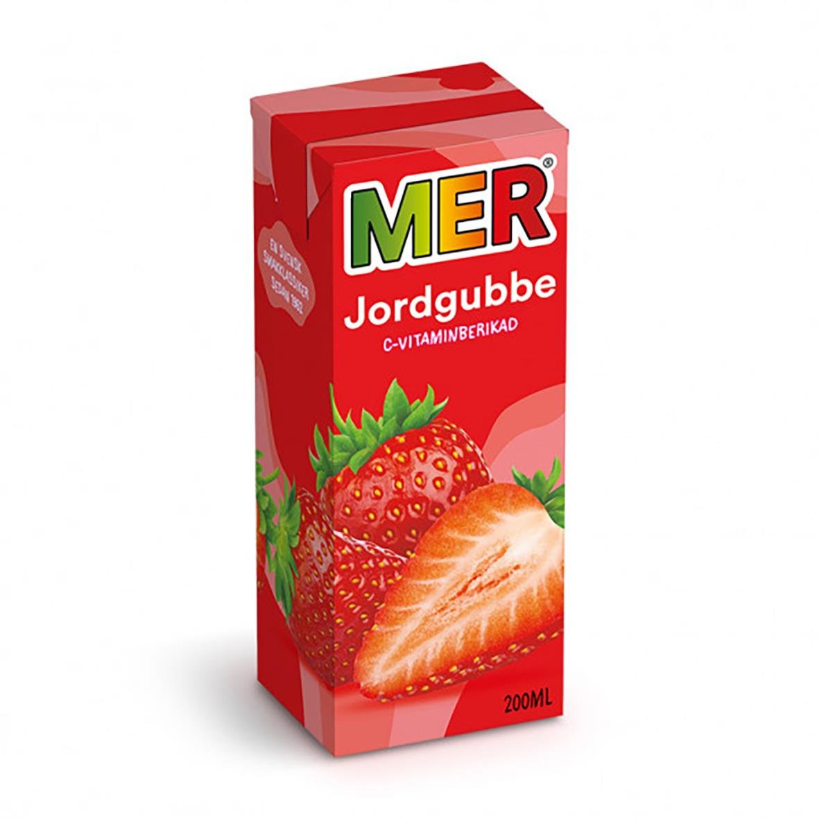 Röd kartong med jordgubbar och text Mer Jordgubbe, 20cl fruktdryck