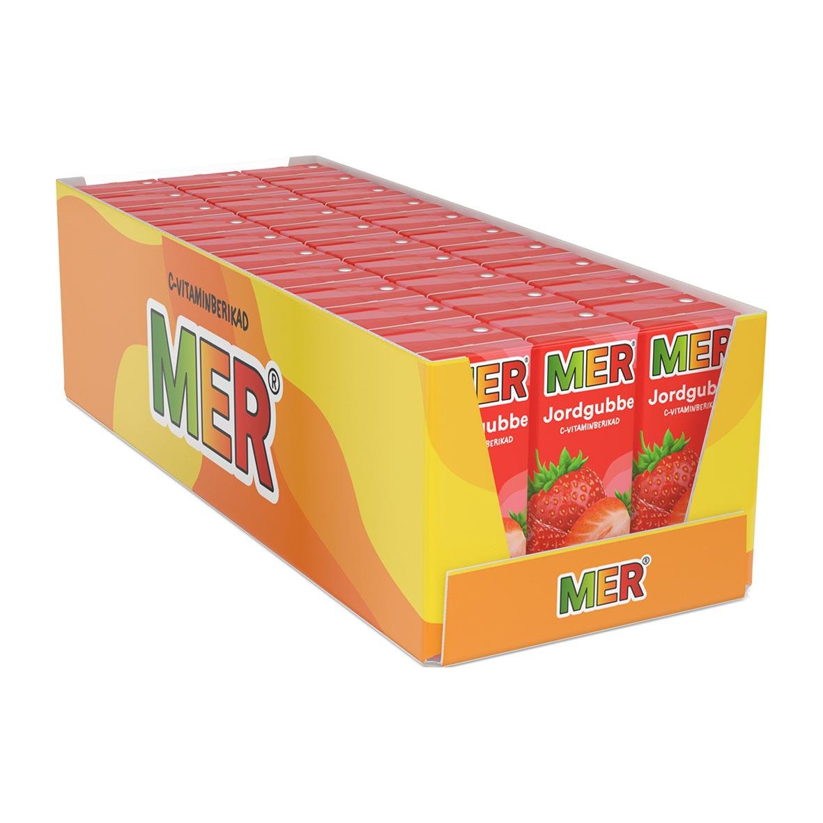 Röd kartong med jordgubbar och text Mer Jordgubbe, 20cl fruktdryck