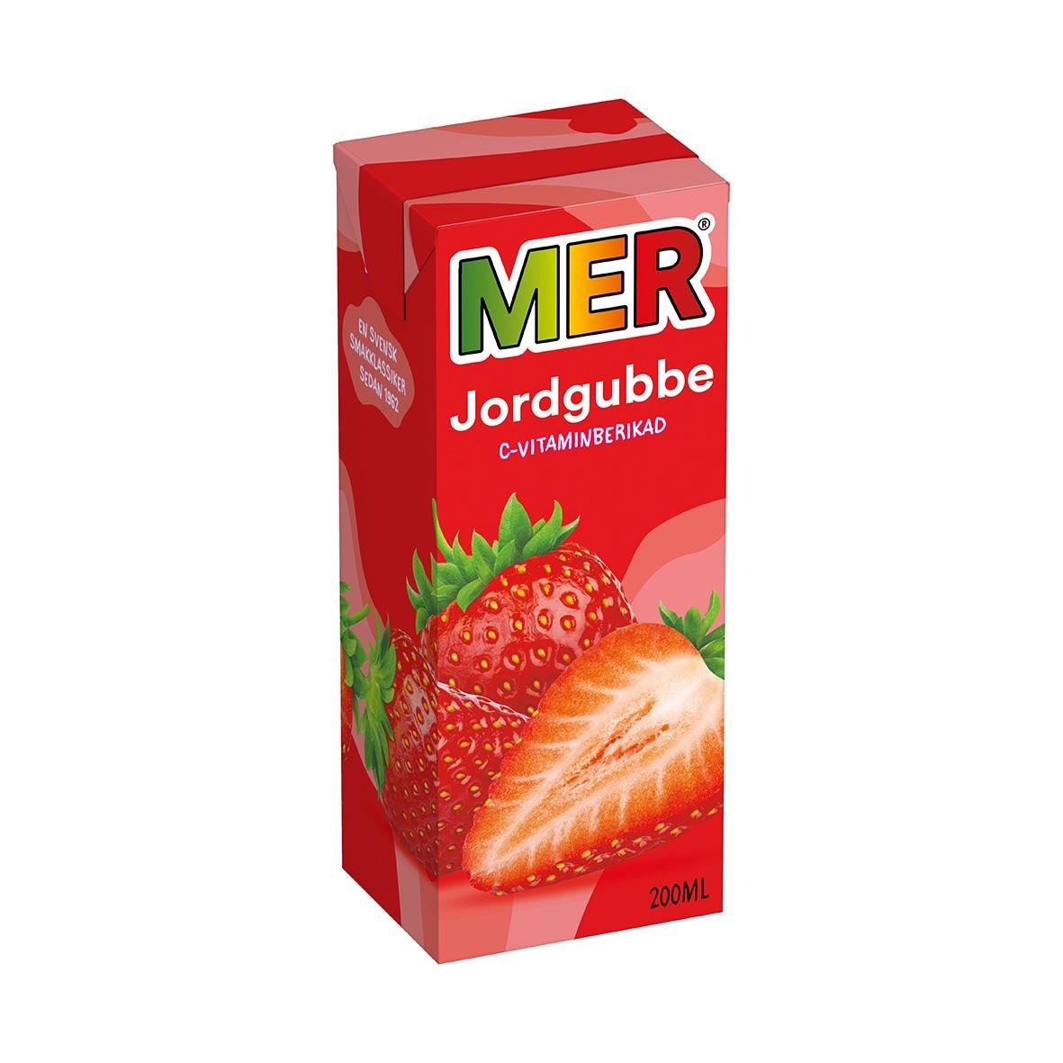 Röd kartong med jordgubbar och jordgubbsdryck i 20cl förpackning