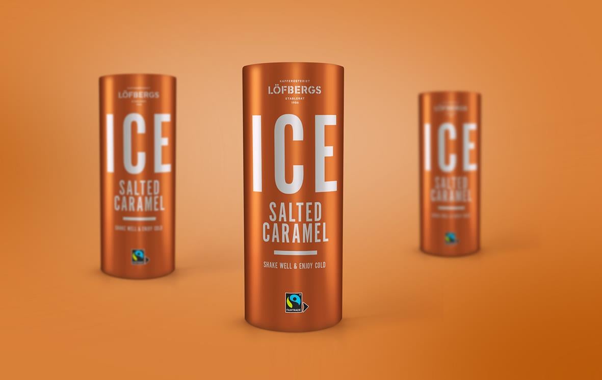 Löfbergs Ice Saltad Karamell kaffedryck i 230ml burk med orange bakgrund