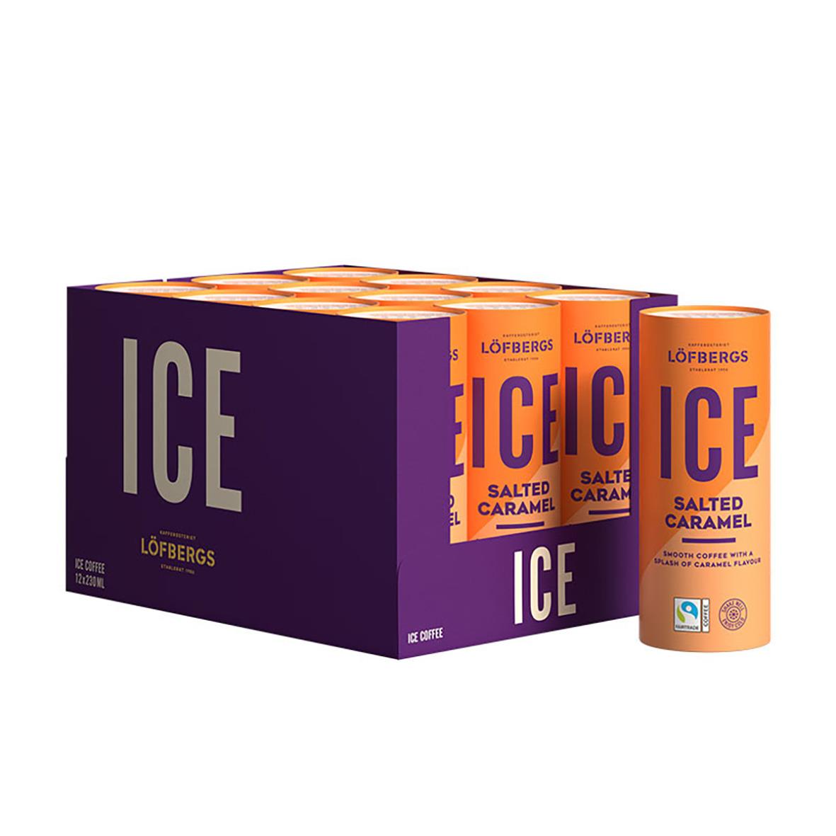 Löfbergs Ice Saltad Karamell kaffedryck i 230ml burk med orange bakgrund