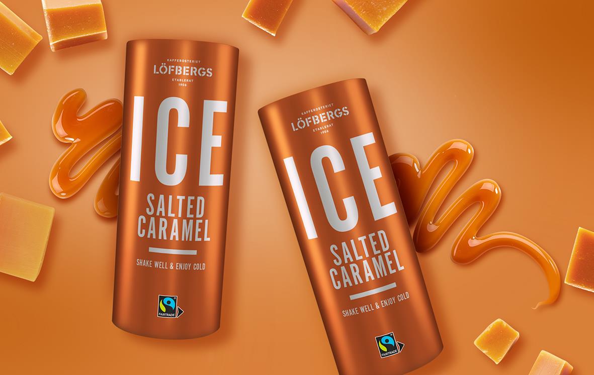 Löfbergs Ice Salted Caramel kaffedryck i 230ml burk med karamellfärgade bakgrundselement