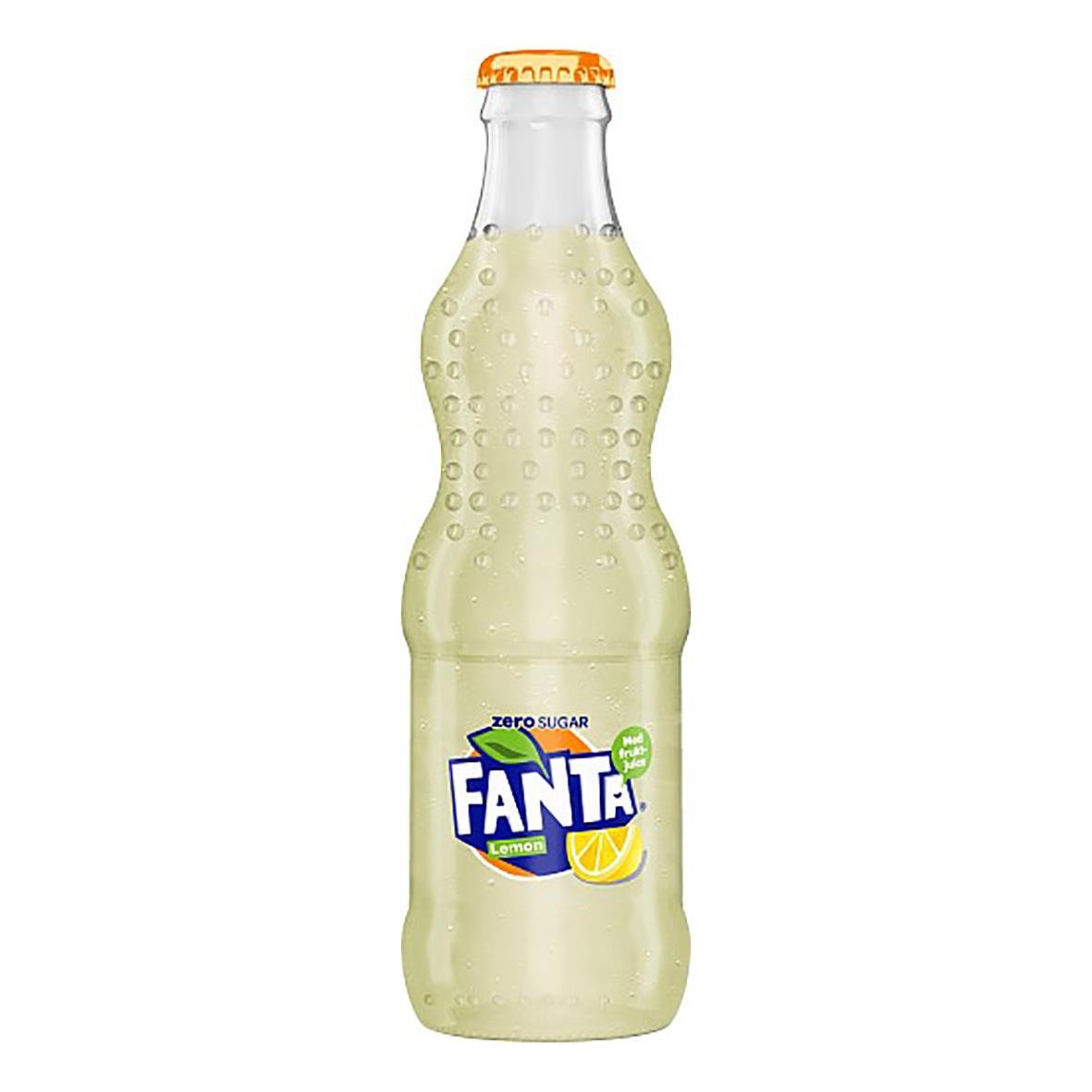 Fanta Zero Lemon glasflaska 33cl med bubblor och etikett