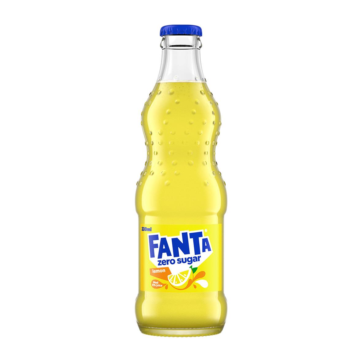 Fanta Zero Lemon i glasflaska 33cl med isbitar